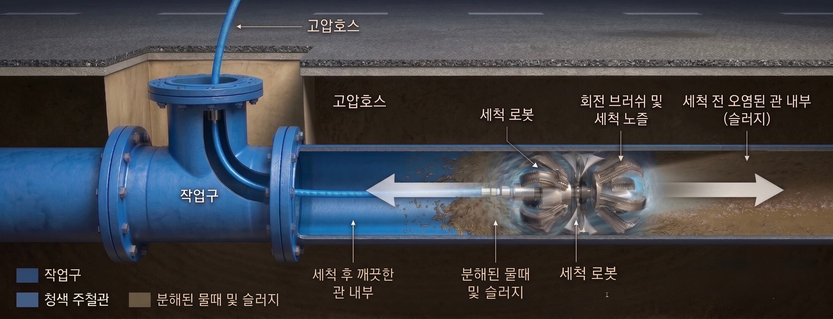 AI 피지컬 세척 공법 작동 원리: 작업구를 통해 세척 로봇이 진입해 회전 브러쉬와 고압수 노즐로 관 내부를 세척하고, 세척 후 깨끗한 관 내부와 세척 전 오염된 관 내부(슬러지)를 비교한 단면도